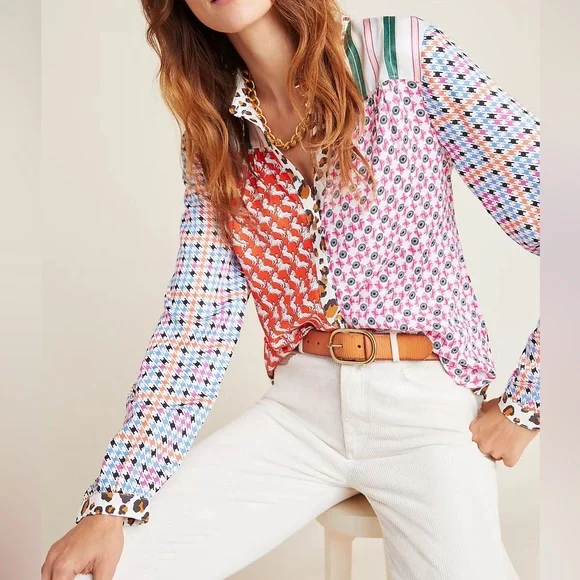 NWOT Maeve Anthropologie Bernadette Mixed Print Blouse Size Small button down - Picture 6 of 6